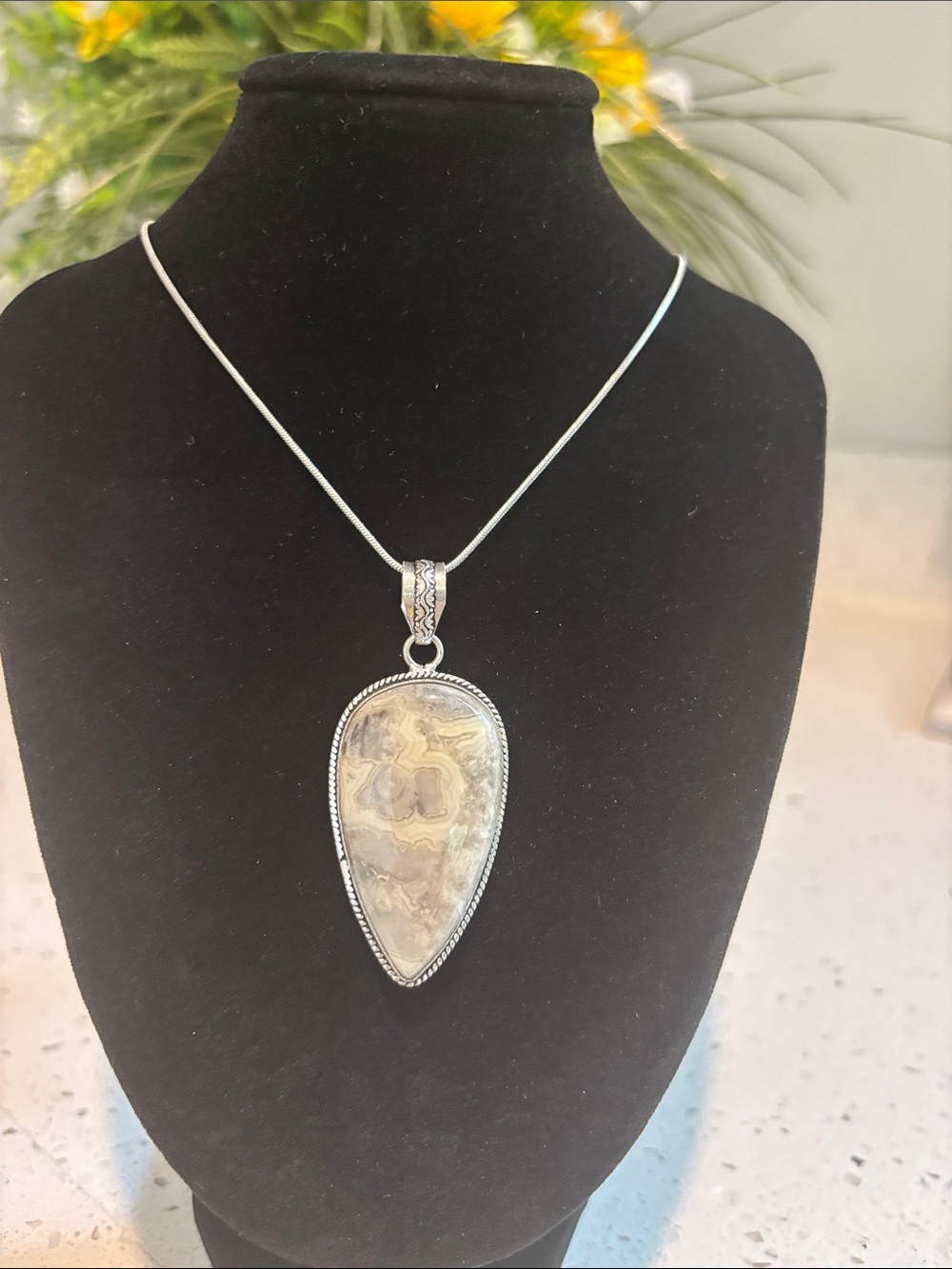 Sterling Silver Teardrop Crazy Lace Agate Gemstone Pendant Necklace